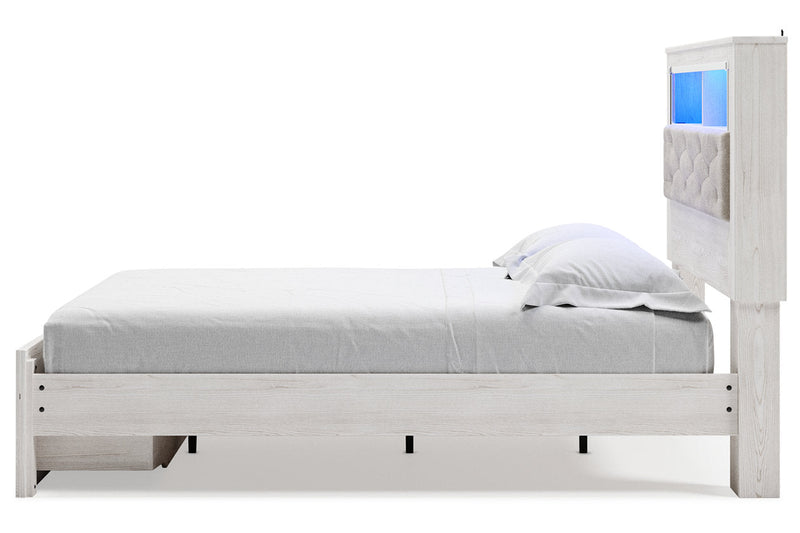 Altyra White Queen Upholstered Platform Bookcase Bed with Storage - Lara FurnitureQueen Bed