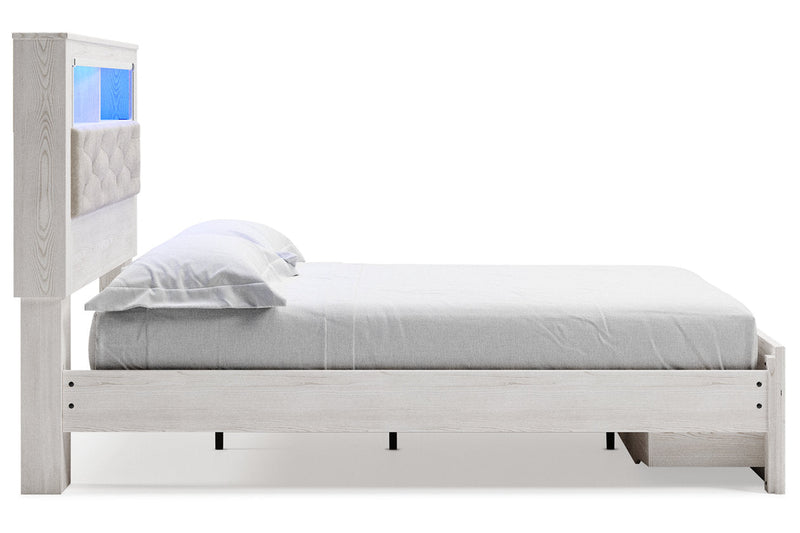 Altyra White Queen Upholstered Platform Bookcase Bed with Storage - Lara FurnitureQueen Bed