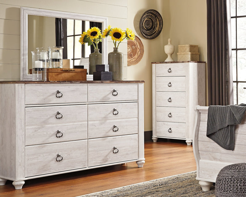 Willowton Whitewash Queen Sleigh Bed, Dresser, Mirror, Chest and Nightstand from Ashley - Lara Furniture
