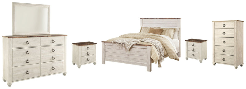 Willowton Whitewash Queen Panel Bed with Mirrored Dresser, Chest and 2 Nightstands from Ashley - Lara Furniture