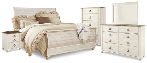 Willowton Whitewash King Sleigh Bed, Dresser, Mirror, Chest and Nightstand from Ashley - Lara Furniture