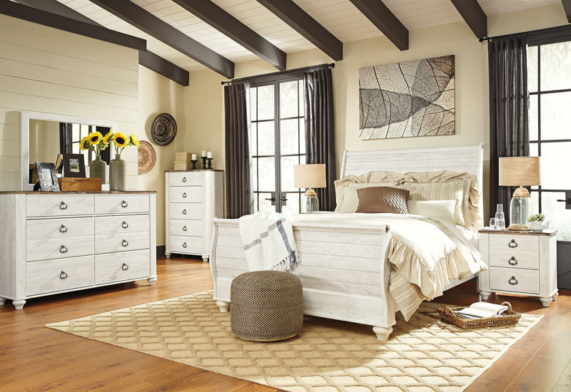Willowton Whitewash Queen Sleigh Bed, Dresser, Mirror, Chest and Nightstand from Ashley - Lara Furniture