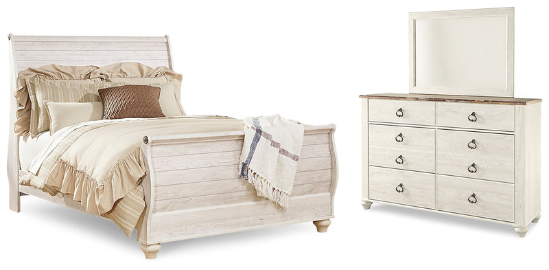 Willowton Whitewash Queen Sleigh Bed, Dresser and Mirror from Ashley - Lara Furniture
