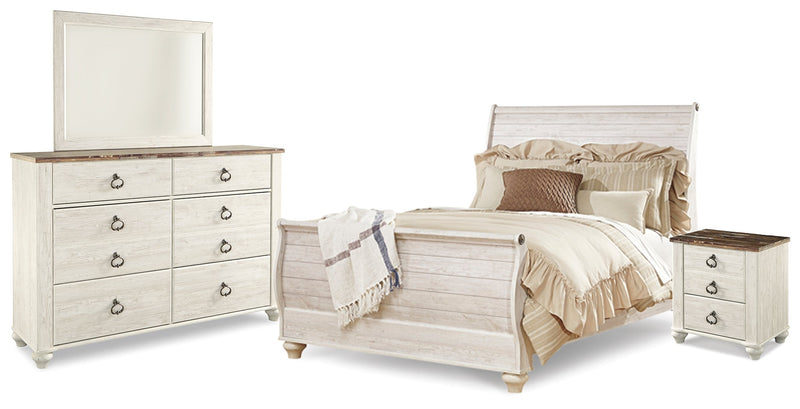Willowton Whitewash Queen Sleigh Bed with Mirrored Dresser and Nightstand from Ashley - Lara Furniture
