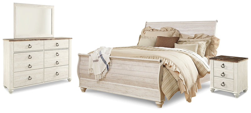 Willowton Whitewash King Sleigh Bed, Dresser, Mirror and Nightstand from Ashley - Lara Furniture