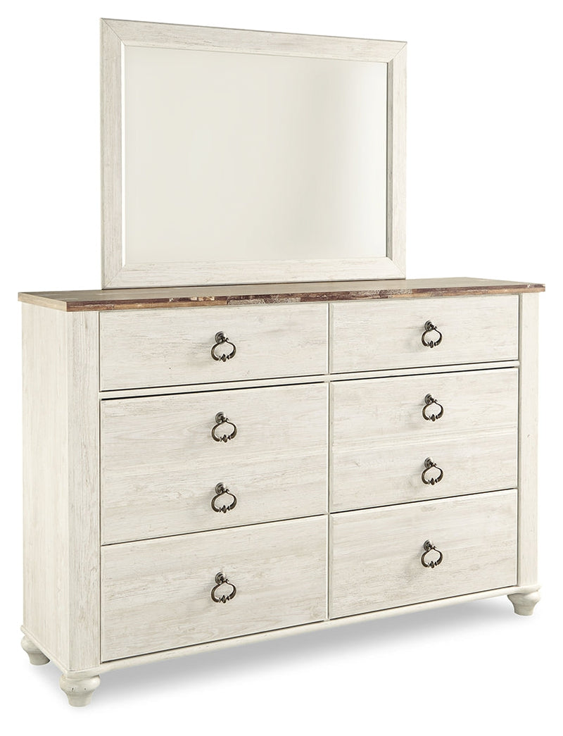 Willowton Whitewash Queen Panel Bed with Mirrored Dresser, Chest and 2 Nightstands from Ashley - Lara Furniture