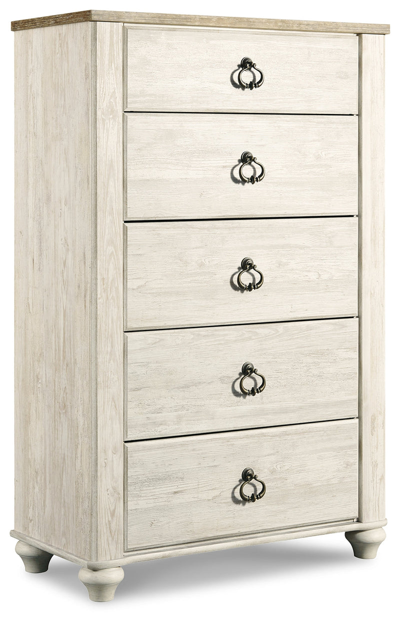 Willowton Whitewash Queen Sleigh Bed, Dresser, Mirror, Chest and Nightstand from Ashley - Lara Furniture