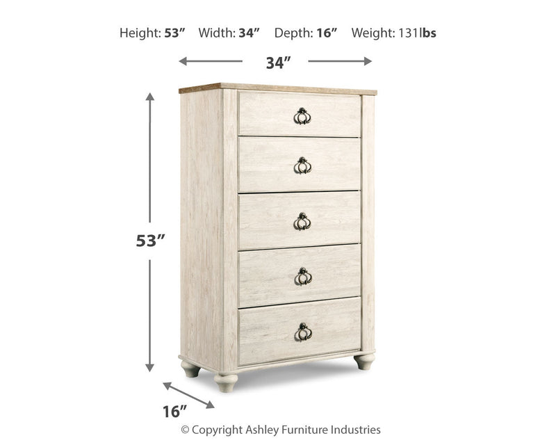 Willowton Whitewash Queen Sleigh Bed, Dresser, Mirror, Chest and Nightstand from Ashley - Lara Furniture