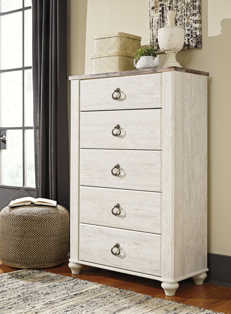 Willowton Whitewash Queen Panel Bed with Mirrored Dresser, Chest and 2 Nightstands from Ashley - Lara Furniture