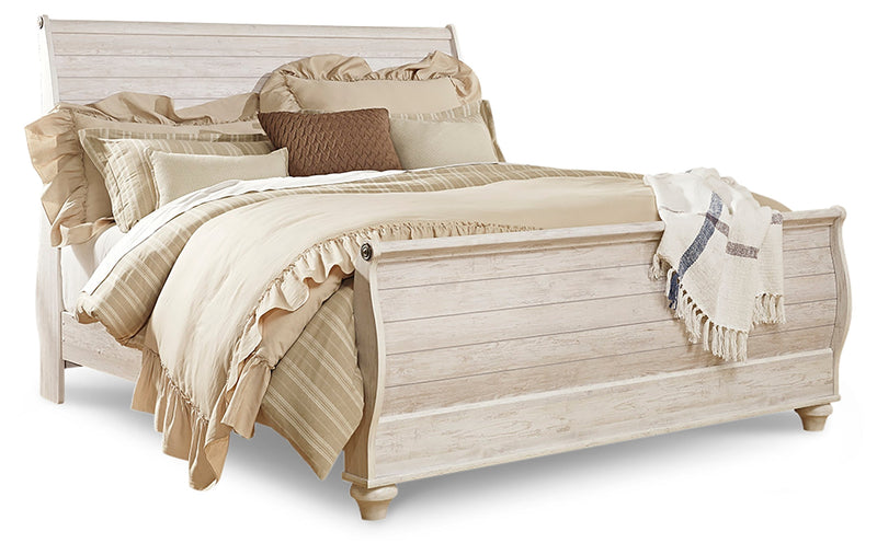 Willowton Whitewash King Sleigh Bed, Dresser, Mirror and Nightstand from Ashley - Lara Furniture
