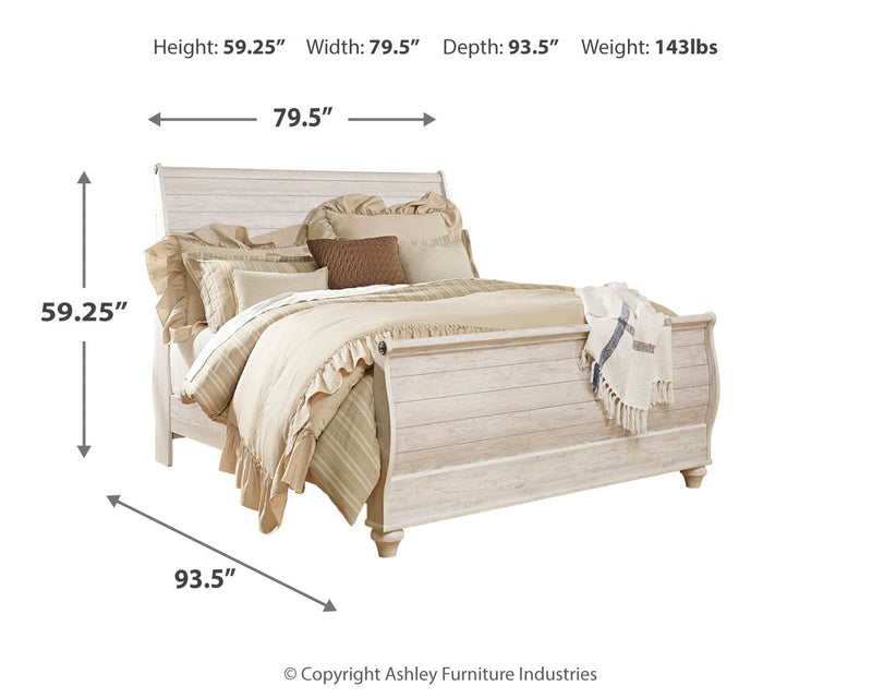Willowton Whitewash King Sleigh Bed, Dresser, Mirror and Nightstand from Ashley - Lara Furniture