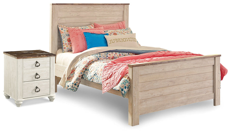 Willowton Whitewash Full Panel Bed and Nightstand from Ashley - Lara Furniture