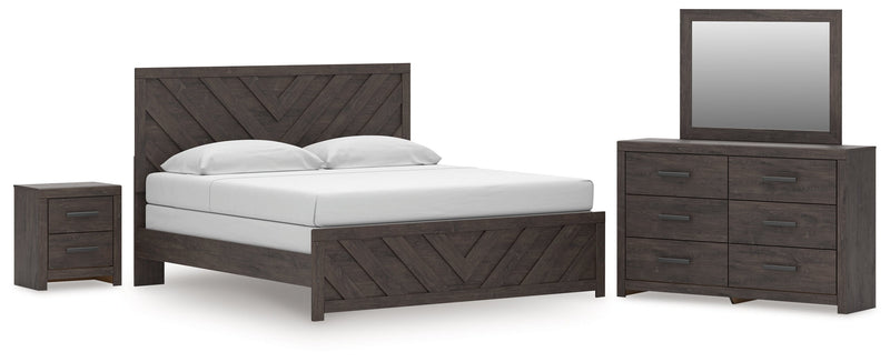Prendonea Dark Charcoal King Panel Bed, Dresser, Mirror and Nightstand from Ashley - Lara Furniture