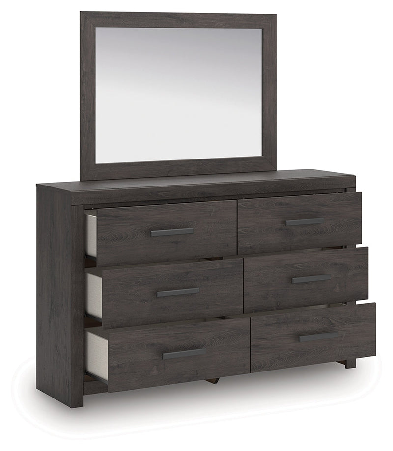 Prendonea Dark Charcoal King Panel Bed, Dresser, Mirror and Nightstand from Ashley - Lara Furniture