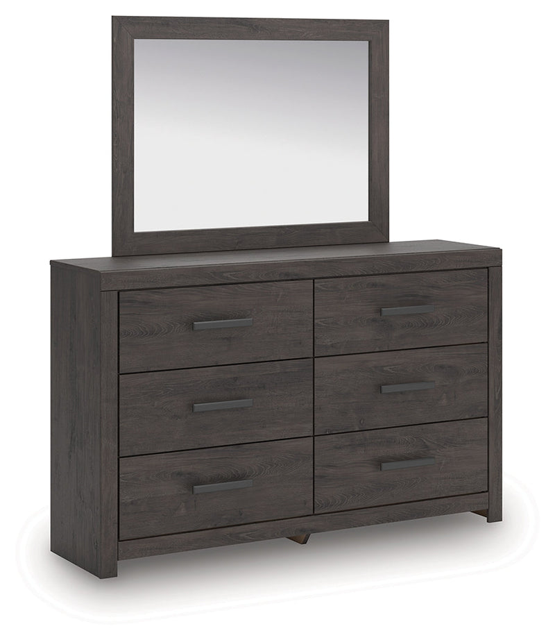Prendonea Dark Charcoal King Panel Bed, Dresser, Mirror and Nightstand from Ashley - Lara Furniture