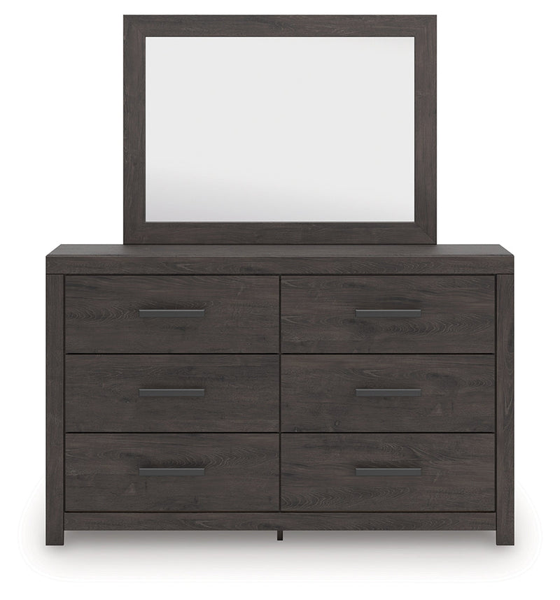 Prendonea Dark Charcoal King Panel Bed, Dresser, Mirror and Nightstand from Ashley - Lara Furniture