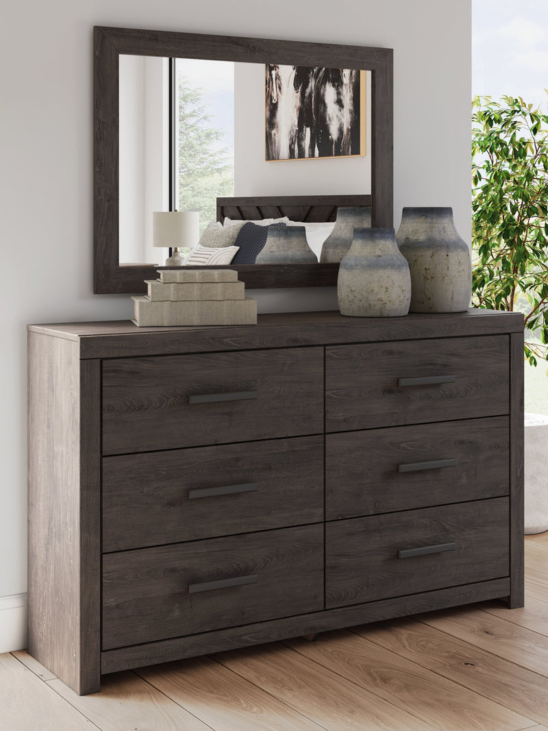 Prendonea Dark Charcoal King Panel Bed, Dresser, Mirror and Nightstand from Ashley - Lara Furniture