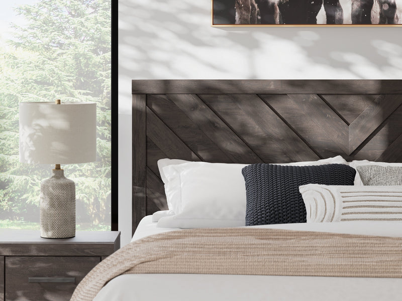Prendonea Dark Charcoal King Panel Bed, Dresser, Mirror and Nightstand from Ashley - Lara Furniture