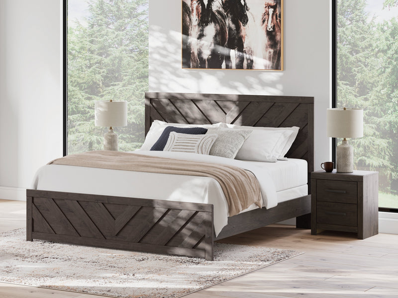 Prendonea Dark Charcoal King Panel Bed, Dresser, Mirror and Nightstand from Ashley - Lara Furniture