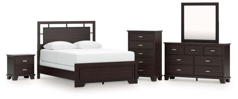 Covetown Dark Brown Queen Panel Bed, Dresser, Mirror, Chest and Nightstand from Ashley - Lara Furniture