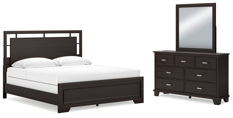 Covetown Dark Brown King Panel Bed with Mirrored Dresser from Ashley - Lara Furniture