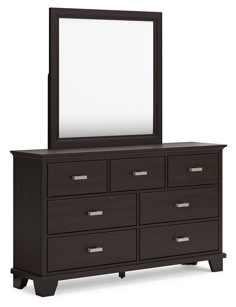 Covetown Dark Brown Queen Panel Bed, Dresser, Mirror, Chest and Nightstand from Ashley - Lara Furniture