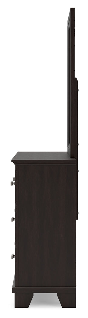 Covetown Dark Brown Queen Panel Bed, Dresser, Mirror, Chest and Nightstand from Ashley - Lara Furniture