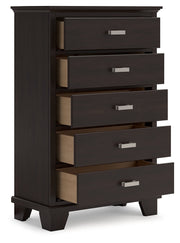 Covetown Dark Brown Queen Panel Bed, Dresser, Mirror, Chest and Nightstand from Ashley - Lara Furniture