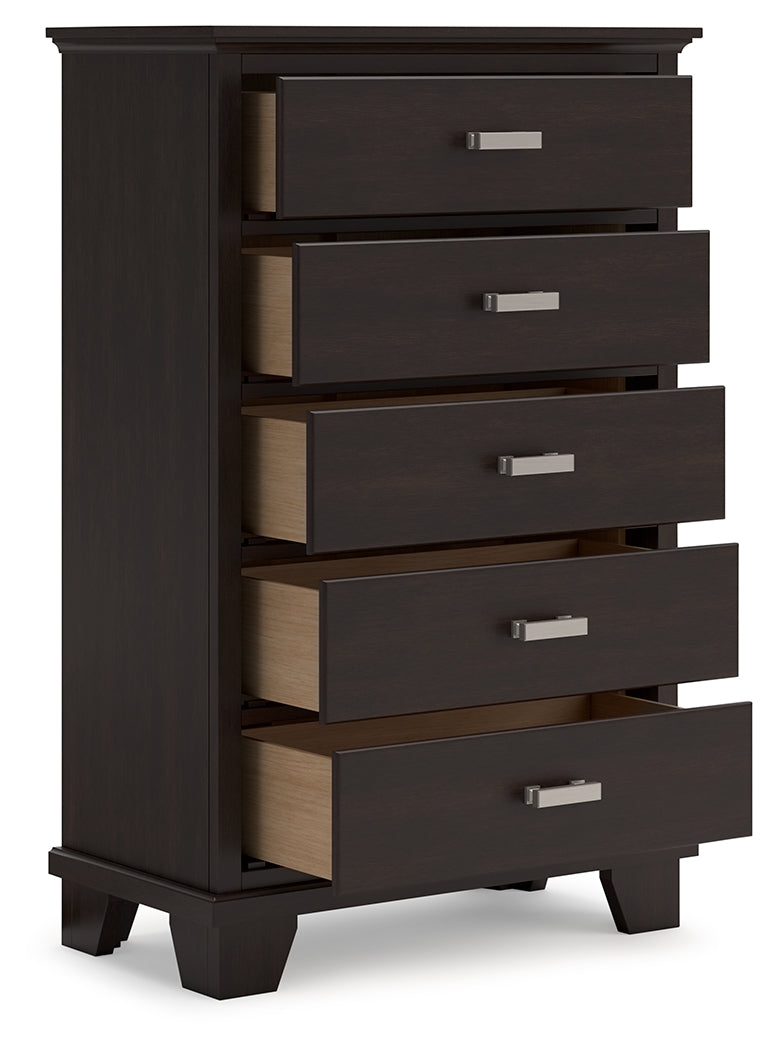 Covetown Dark Brown Queen Panel Bed, Dresser, Mirror, Chest and Nightstand from Ashley - Lara Furniture