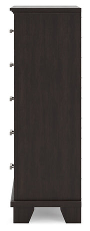 Covetown Dark Brown Queen Panel Bed, Dresser, Mirror, Chest and Nightstand from Ashley - Lara Furniture