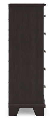 Covetown Dark Brown Queen Panel Bed, Dresser, Mirror, Chest and Nightstand from Ashley - Lara Furniture