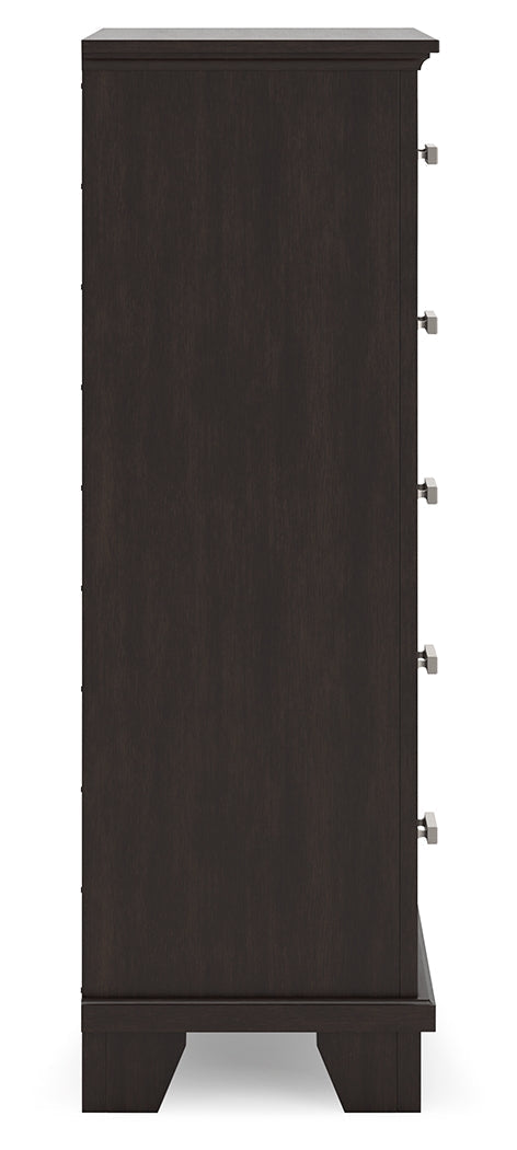 Covetown Dark Brown Queen Panel Bed, Dresser, Mirror, Chest and Nightstand from Ashley - Lara Furniture