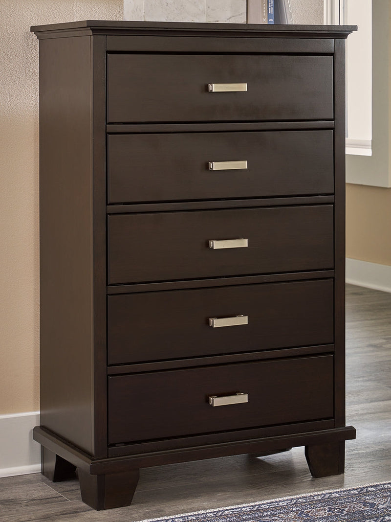 Covetown Dark Brown Queen Panel Bed, Dresser, Mirror, Chest and Nightstand from Ashley - Lara Furniture