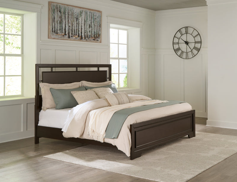 Covetown Dark Brown King Panel Bed with Mirrored Dresser from Ashley - Lara Furniture