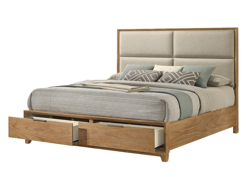 Florian Natural Wood Upholstered Queen Storage Platform Bed from Crown Mark - Lara Furniture