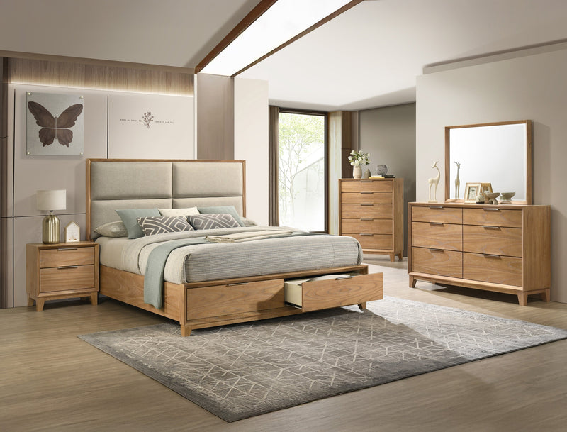 Florian Natural Wood Upholstered Queen Storage Platform Bed from Crown Mark - Lara Furniture