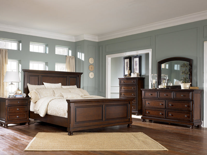 Porter Rustic Brown King Panel Bed with Mirrored Dresser and Chest from Ashley - Lara Furniture