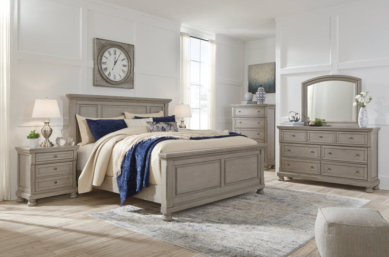 Lettner Light Gray Queen Panel Bed with Mirrored Dresser and 2 Nightstands from Ashley - Lara Furniture