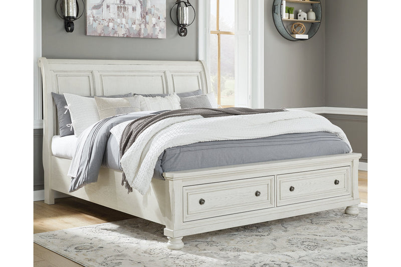 Robbinsdale Antique White California King Sleigh Bed with Storage from Ashley - Lara Furniture