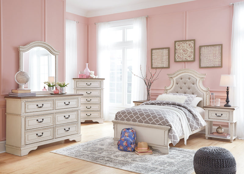 Realyn Two-tone Twin Upholstered Panel Bed and Nightstand from Ashley - Lara Furniture