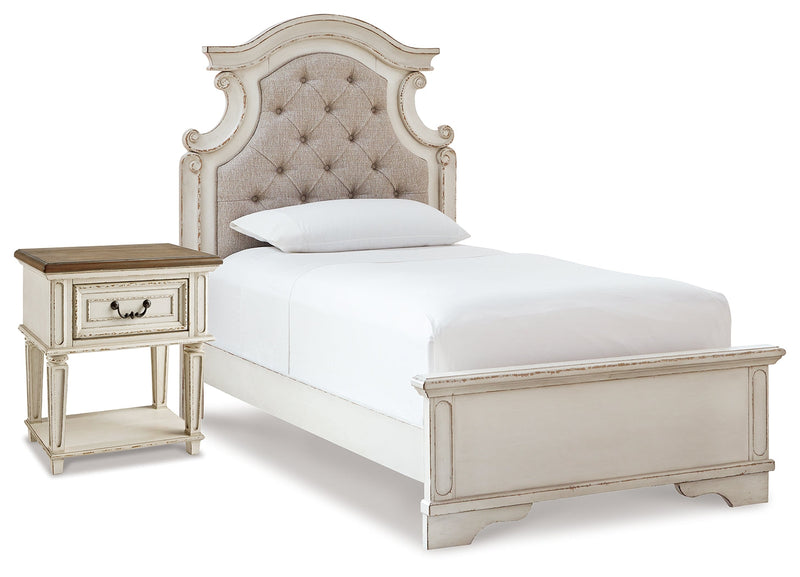 Realyn Two-tone Twin Upholstered Panel Bed and Nightstand from Ashley - Lara Furniture