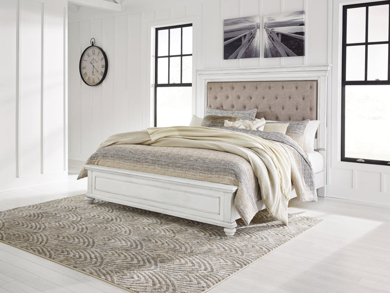 Kanwyn Whitewash King Upholstered Panel Bed, Dresser and Nightstand from Ashley - Lara Furniture