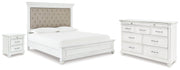 Kanwyn Whitewash King Upholstered Panel Bed, Dresser and Nightstand from Ashley - Lara Furniture