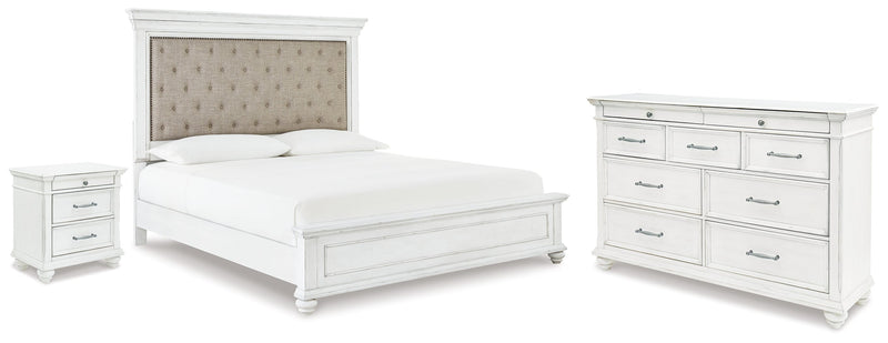 Kanwyn Whitewash King Upholstered Panel Bed, Dresser and Nightstand from Ashley - Lara Furniture