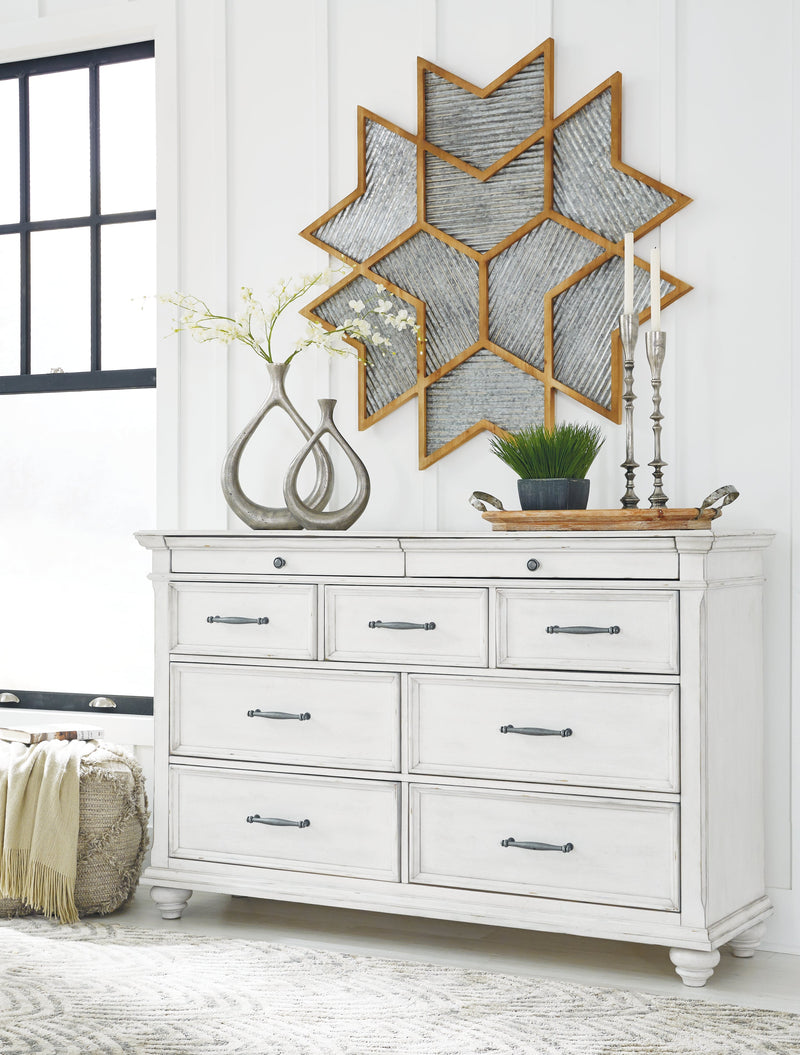 Kanwyn Whitewash King Upholstered Panel Bed, Dresser and Nightstand from Ashley - Lara Furniture