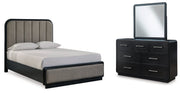 Rowanbeck Gray/Black Queen Upholstered Panel Bed with Mirrored Dresser from Ashley - Lara Furniture