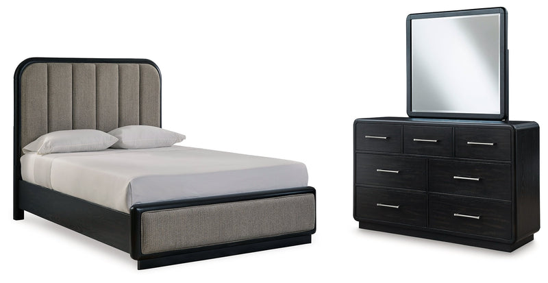 Rowanbeck Gray/Black Queen Upholstered Panel Bed with Mirrored Dresser from Ashley - Lara Furniture