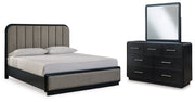 Rowanbeck King Upholstered Panel Bed with Mirrored Dresser from Ashley - Lara Furniture
