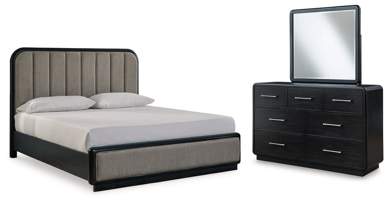 Rowanbeck King Upholstered Panel Bed with Mirrored Dresser from Ashley - Lara Furniture