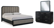 Rowanbeck Gray/Black California King Upholstered Panel Bed with Mirrored Dresser from Ashley - Lara Furniture